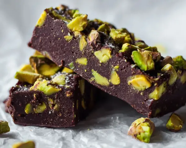 Mörk chokladfudge med pistagenötter, perfekt för ett dubai choklad recept.