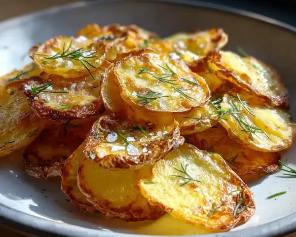 Krispiga, gyllene skivor av råstekt potatis toppas med flingsalt och färsk dill. En härlig sidorätt som passar till det mesta.