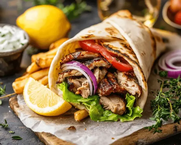 En saftig gyros med grillad kyckling, grönsaker och pommes frites. Perfekt för ett snabbt och gott gyros recept.