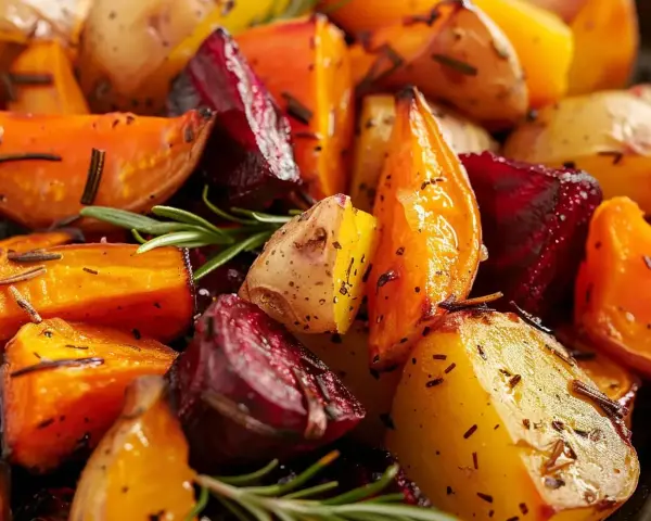 Ugnsrostade rotfrukter med rosmarin. En härlig blandning av potatis, morötter och rödbetor som fått en gyllene yta i ugnen.