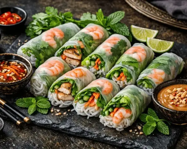 Färska vietnamesiska vårrullar med räkor, grönsaker och nudlar, serverade med en krämig jordnötsås som vietnamesiska vårrullar sås.