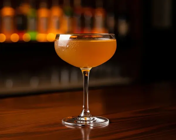 En gyllene Paper Plane cocktail i ett elegant glas, redo att lyfta smaklökarna.