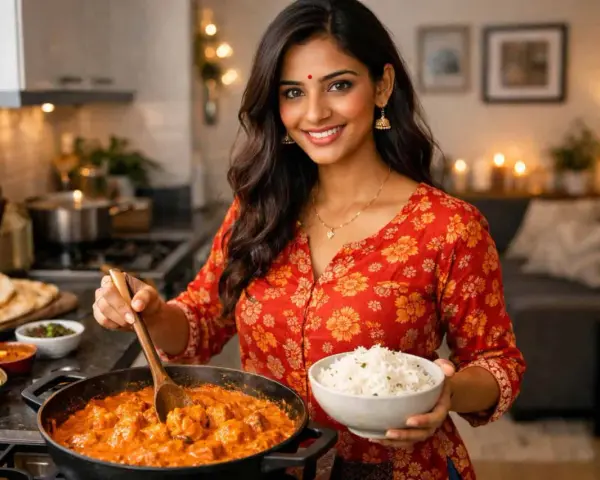En kvinna i köket lagar en krämig tikka masala med ris.