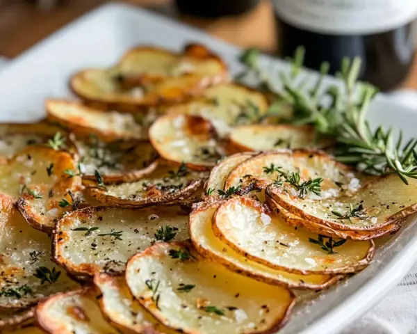 Råstekt potatis i ugn, krispiga skivor med örter och flingsalt. Perfekt tillbehör som doftar ljuvligt.