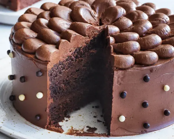 En saftig chokladtårta med chokladfrosting och dekorationer. Perfekt för alla som älskar choklad och letar efter ett gott chokladtårta recept.
