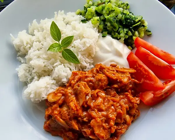 En smakrik kebabgryta med ris, serverad med fräscha tomater och en klick vit sås. En perfekt middag!