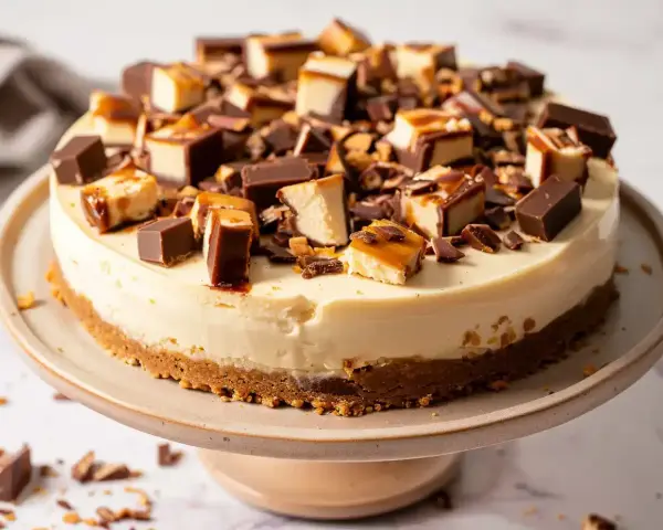 En krämig daim cheesecake toppad med bitar av choklad och karamell. En dröm för alla som älskar daim.