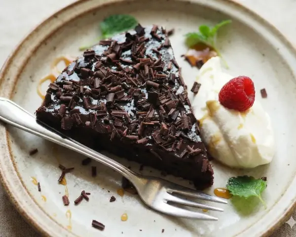En bit glutenfri kladdkaka toppad med chokladspån, serverad med vispad grädde, hallon och mynta.