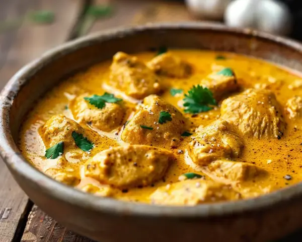 En krämig kycklingrätt i en skål, perfekt för ett enkelt kyckling recept. Garnerad med färsk koriander.