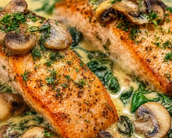 Två saftiga laxfiléer serveras i en krämig sås med spenat och champinjoner. En härlig fiskgryta med potatis som tillbehör.