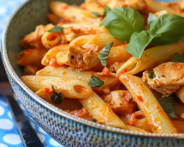 En skål med krämig pasta med kyckling och basilika. En härlig pasta med creme fraiche som ser utsökt ut.