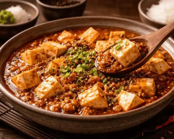En sked lyfter upp en bit mapo tofu från en skål med kryddig gryta, toppad med salladslök.