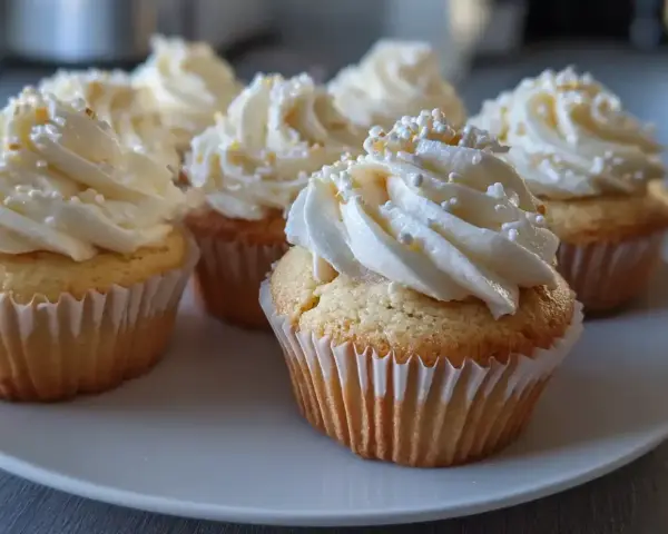 Fluffiga cupcakes med vit frosting och strössel. Perfekt för ett enkelt frosting recept!