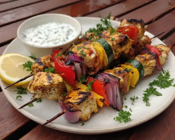 Grillade kycklingspett i ugn med grönsaker och en klyfta citron. Serveras med en krämig yoghurtsås.