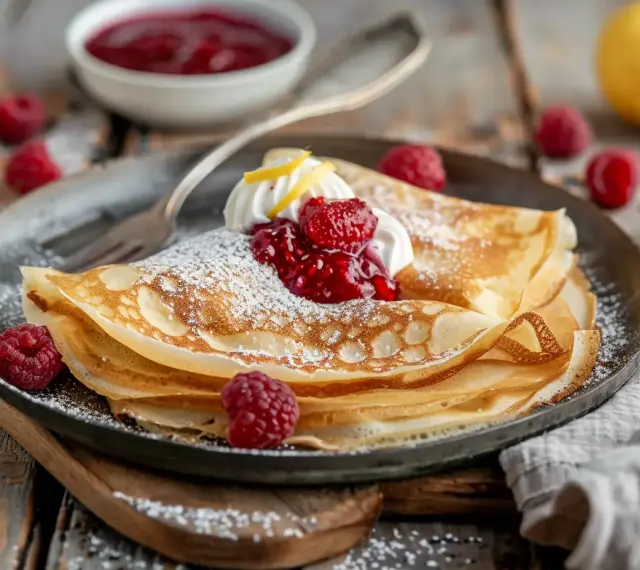 En hög med tunna pannkakor, pudrade med florsocker, toppade med vispgrädde, hallonsylt och färska hallon. Ett perfekt crepes recept för en mysig fika.
