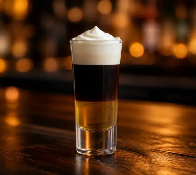 En shot med tre lager: gyllene likör, mörk kaffe och fluffig grädde. En riktig hot shot för en kväll ute.