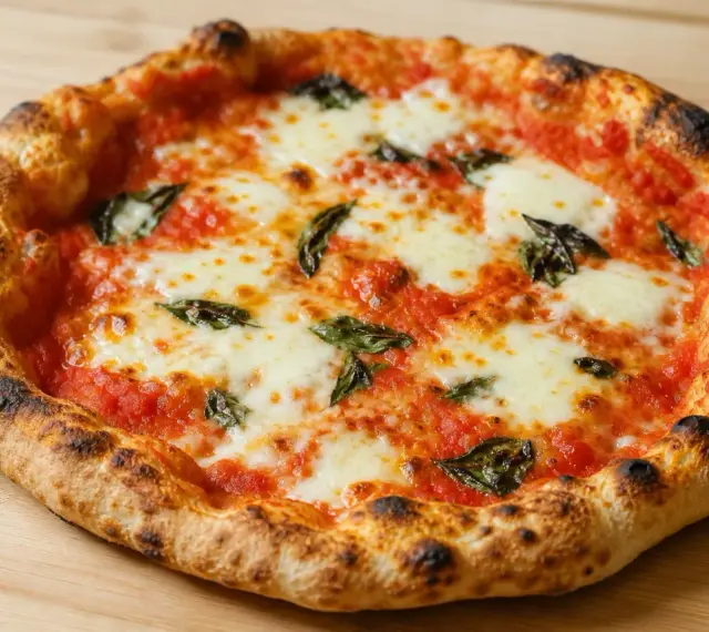 En perfekt napolitansk pizza med bubblig, lätt bränd kant, täckt av tomatsås, mozzarella och färsk basilika.