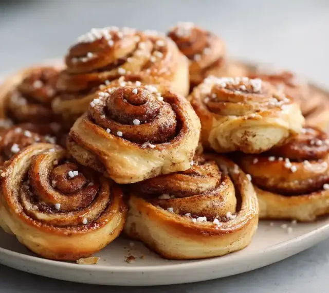 En hög med gyllene, nybakade glutenfria kanelbullar, toppade med pärlsocker. Perfekt för fikat!