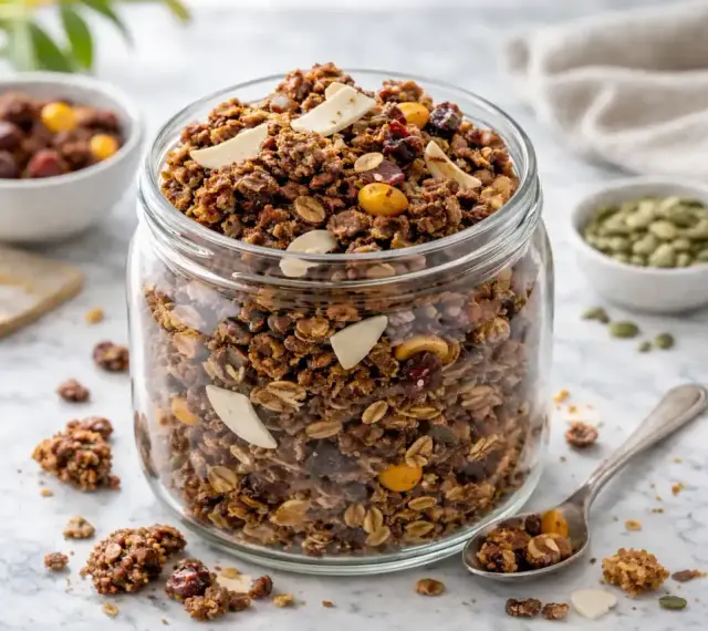 En stor burk fylld med hemgjord granola, perfekt för ett hälsosamt frukostrecept. Nötter, frön och torkad frukt syns tydligt.