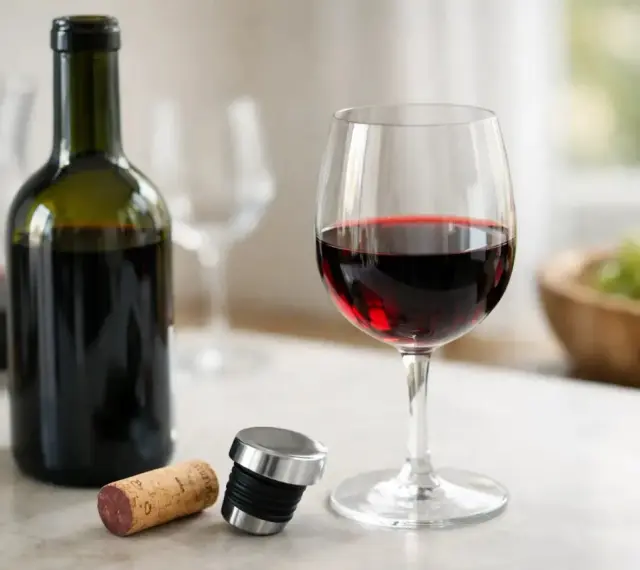 En flaska rött vin, ett glas fyllt med vin, en kork och en vinpropp. Frågan är, kan vin bli gammalt?
