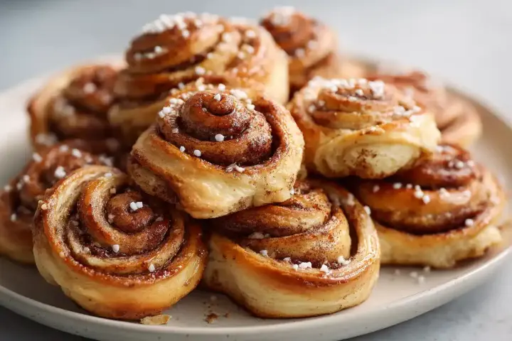 En hög med gyllene, nybakade glutenfria kanelbullar, toppade med pärlsocker. Perfekt för fikat!