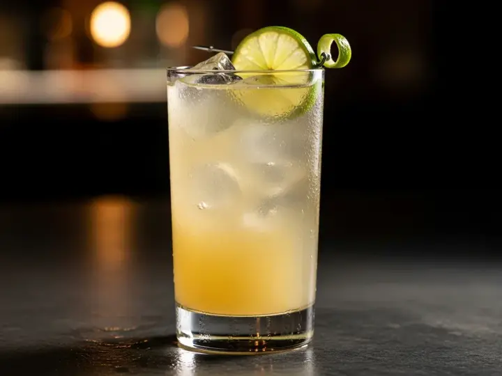 En uppfriskande limoncello sour med is, lime och en vacker spiraldekoration.
