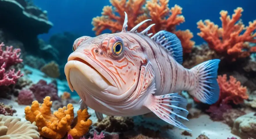 En närbild på en randig fisk med stora ögon simmar bland färgglada koraller. Kanske inspiration för ett gott havskatt recept?