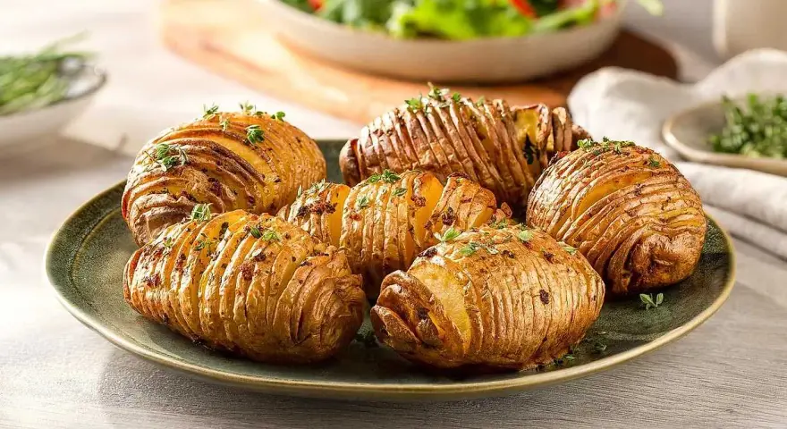 Perfekt krispiga hasselbackspotatis i airfryer, toppade med färska örter. Enkel och god tillbehör.