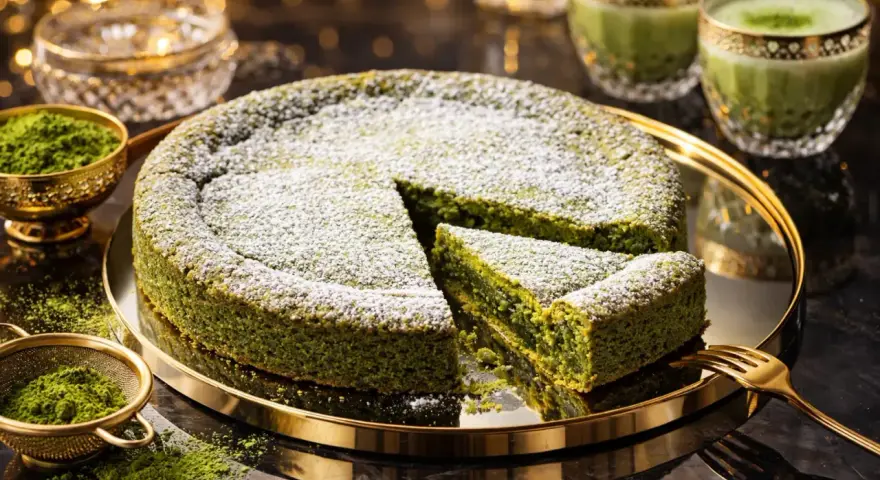 En saftig vit kladdkaka med matcha, pudrad med florsocker. Serveras med matcha latte och gyllene detaljer.