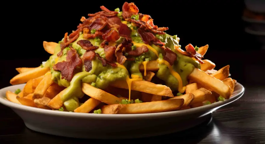 En hög med pommes frites toppad med krämig avokadosås, ost och knaprigt bacon. Dessa "dirty fries" ser otroligt goda ut!