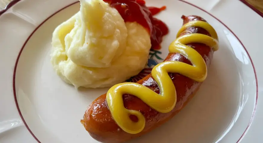 En klassisk korv med mos, serverad med senap och ketchup. Enkel och god vardagsmat.
