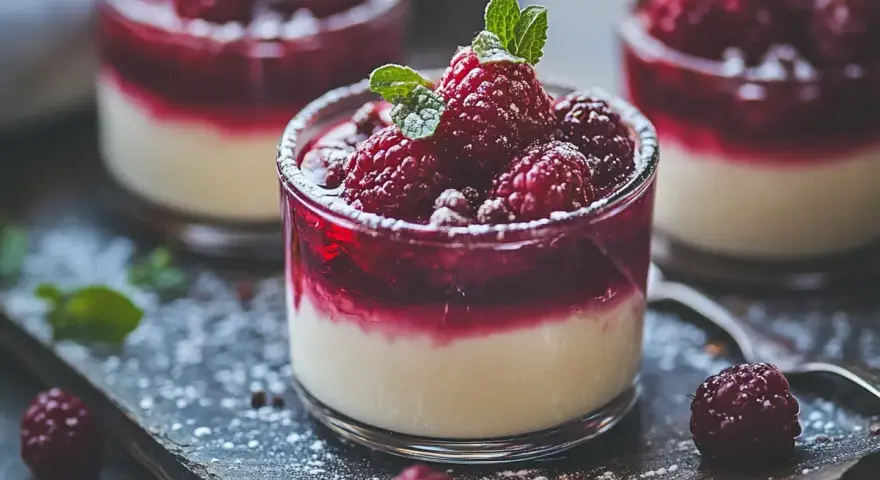 Tre glas med krämig panna cotta toppad med hallon och mynta, pudrad med florsocker.