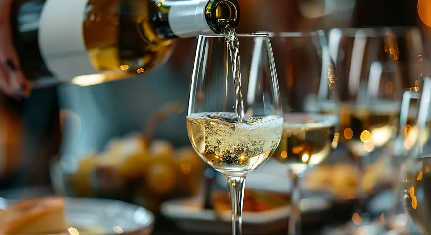 Vitt vin hälls upp i ett glas, perfekt för matlagning eller en festlig middag.