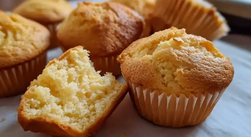 Nybakade, gyllene glutenfria muffins ligger uppradade. En är uppbruten och visar en fluffig insida. Perfekt för fikat!