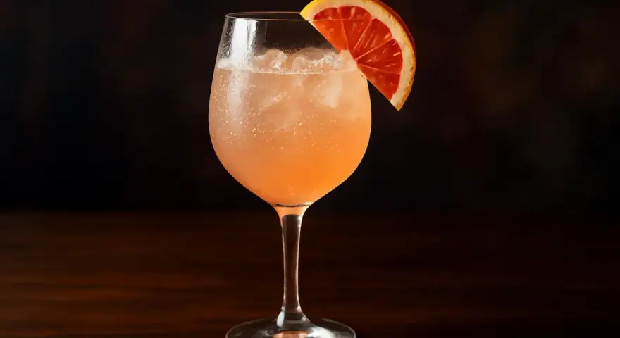 En uppfriskande paloma drink med is och en apelsinskiva som garnering, serverad i ett elegant glas.