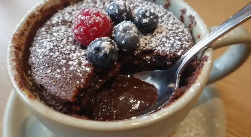 Chokladig mug cake med hallon och blåbär, pudrad med florsocker. En sked dyker ner i den rinnande chokladen.