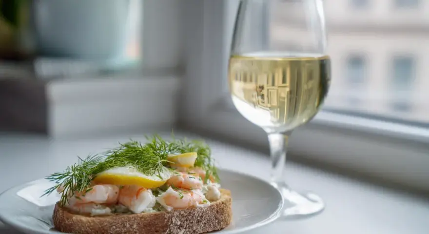 En smörgås med räkor och dill, perfekt med ett glas vitt vin till skaldjur.