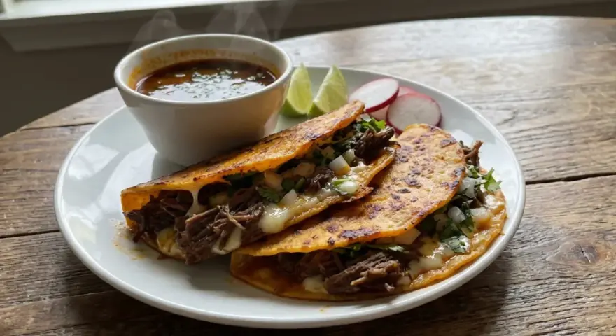 Ångande birria tacos med smält ost, lök och koriander. Serveras med en skål consommé, limeklyftor och rädisor.