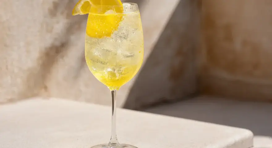 Ett glas med is och en citronskiva, perfekt för ett uppfriskande limoncello recept.