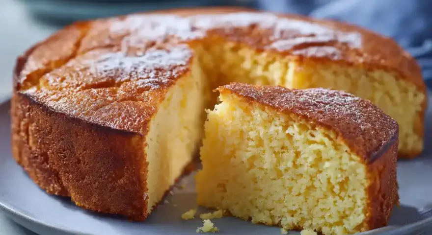 En saftig glutenfri sockerkaka, pudrad med florsocker, ligger på en grå tallrik. En bit är uppskuren.