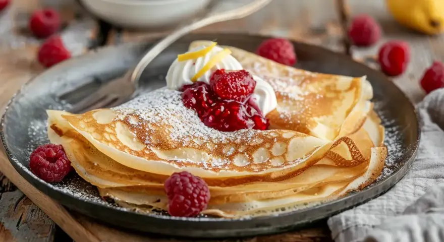 En hög med tunna pannkakor, pudrade med florsocker, toppade med vispgrädde, hallonsylt och färska hallon. Ett perfekt crepes recept för en mysig fika.
