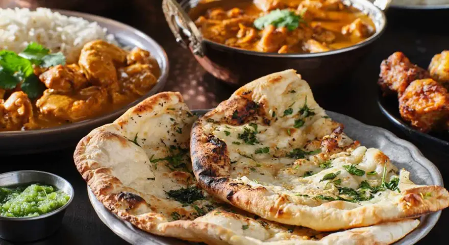 En härlig måltid med indisk mat, inklusive naanbröd, kycklingcurry och ris. Perfekt för en kväll med vin till indisk mat.