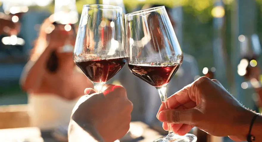 Två glas rött vin skålar i solnedgången, perfekt tillbehör till en råbiff.
