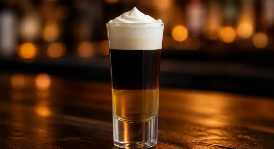 En shot med tre lager: gyllene likör, mörk kaffe och fluffig grädde. En riktig hot shot för en kväll ute.