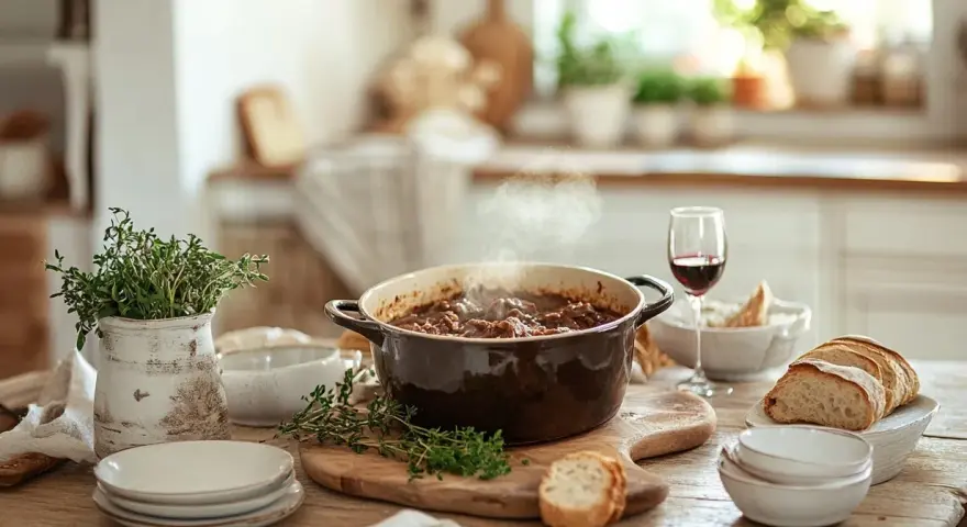 En ångande gryta med kött och grönsaker, redo att serveras med bröd och vin. Ett perfekt gryta recept för en mysig middag.