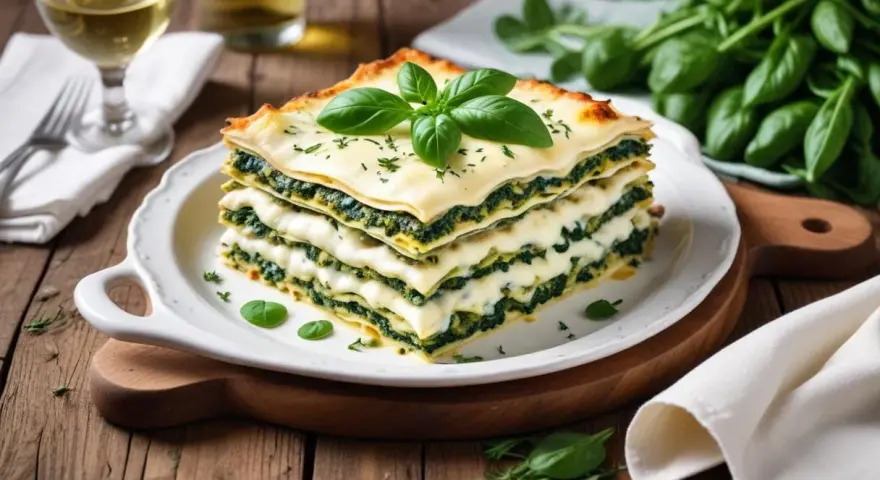 En saftig lasagne med spenat och ost, perfekt att servera med ett glas vitt vin till lasagne.