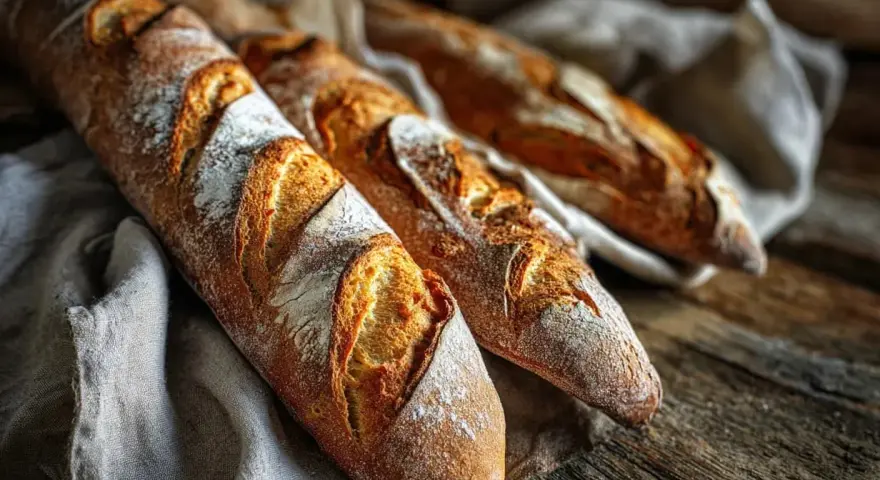 Tre gyllene baguetter på en linneduk, redo för ett gott baguette recept.