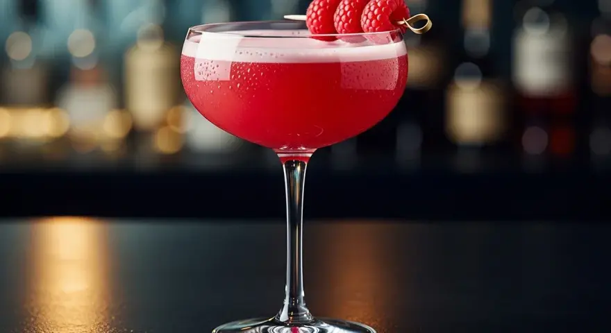 En rosa drink, en Clover Club, med hallon på en cocktailpinne.