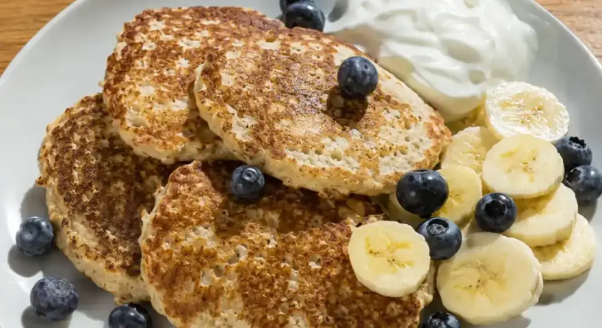 En tallrik med bananpannkakor, blåbär, bananskivor och en klick yoghurt. Ett enkelt bananpannkaka recept för en god frukost.