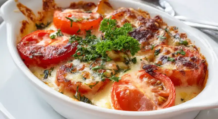 Gratinerade tomater med ost och örter, perfekt tillbehör till ett falukorv recept.